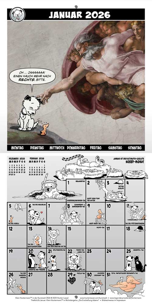 978386469-0488-21x21-DE-spread-500b Wandkalender 2026, Januar: Michelangelos „Die Erschaffung Adams“, neu interpretiert mit Klein Huntermann und Flynn. Unten ein Kalendergitter mit kleinen Illustrationen von Klein Huntermann und Flynn. Deutscher Text.