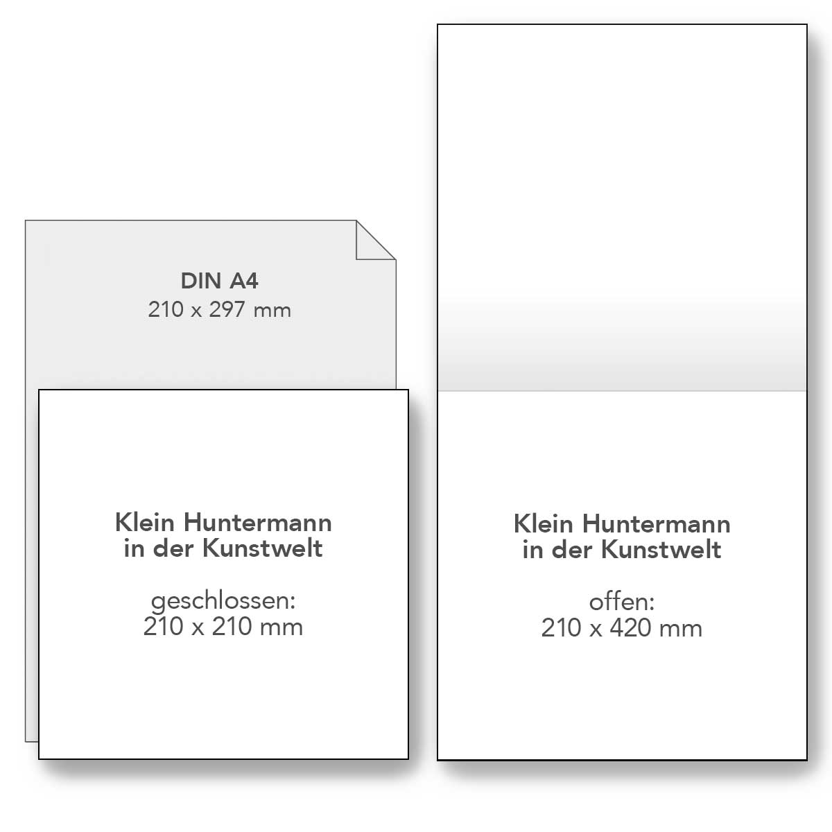 9783864690488_size-comparison Diagramm mit den Abmessungen des Kalenders „Little Hunterman in the Artworld“ in geöffnetem und geschlossenem Zustand.