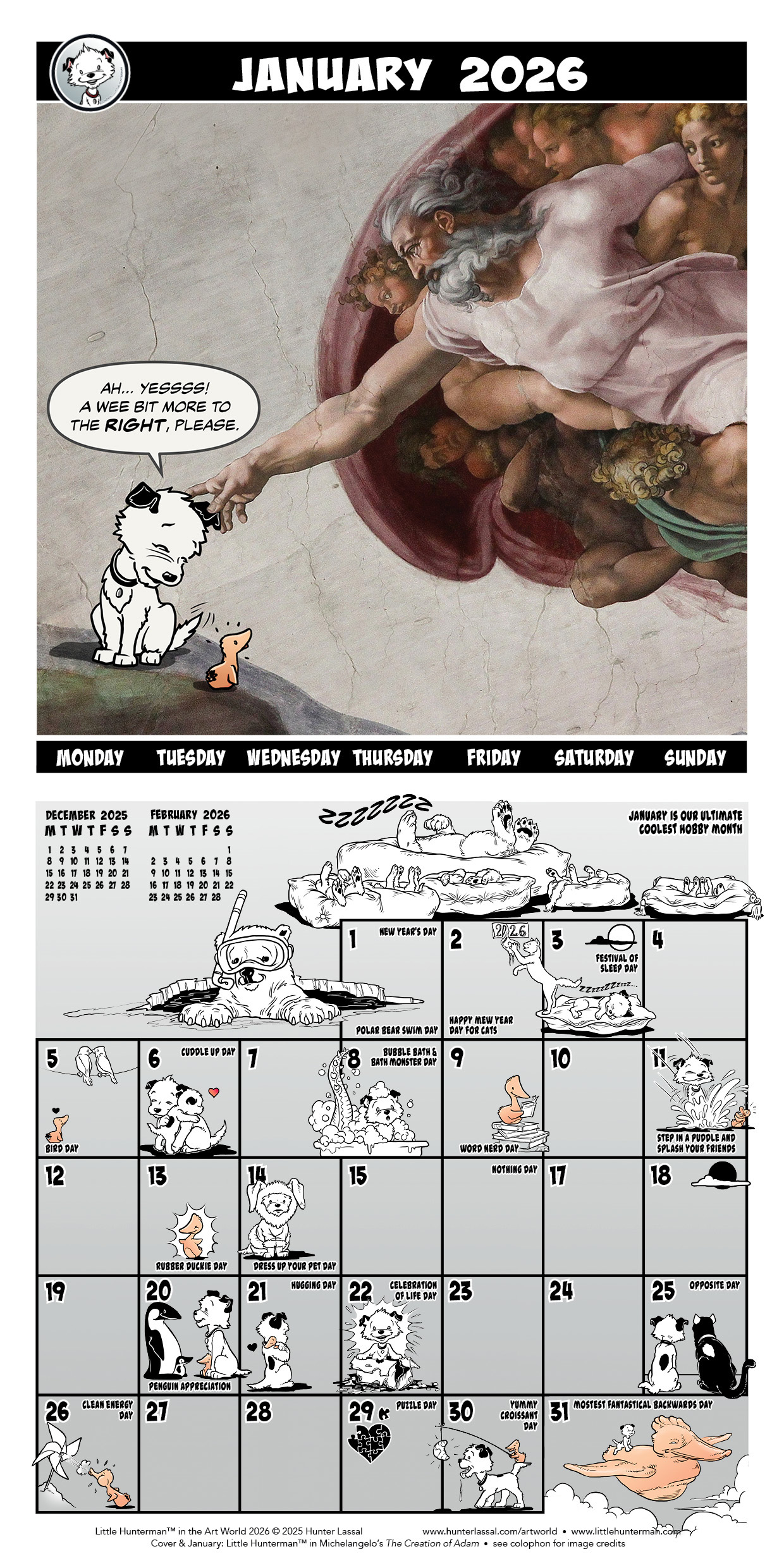2026 Wall Calendar, January, showing Michelangelo's 'The Creation of Adam' adaptation with Little Hunterman and Flynn. The calendar grid on the bottom half is filled with small illustrations featuring Little Hunterman and Flynn. English text.