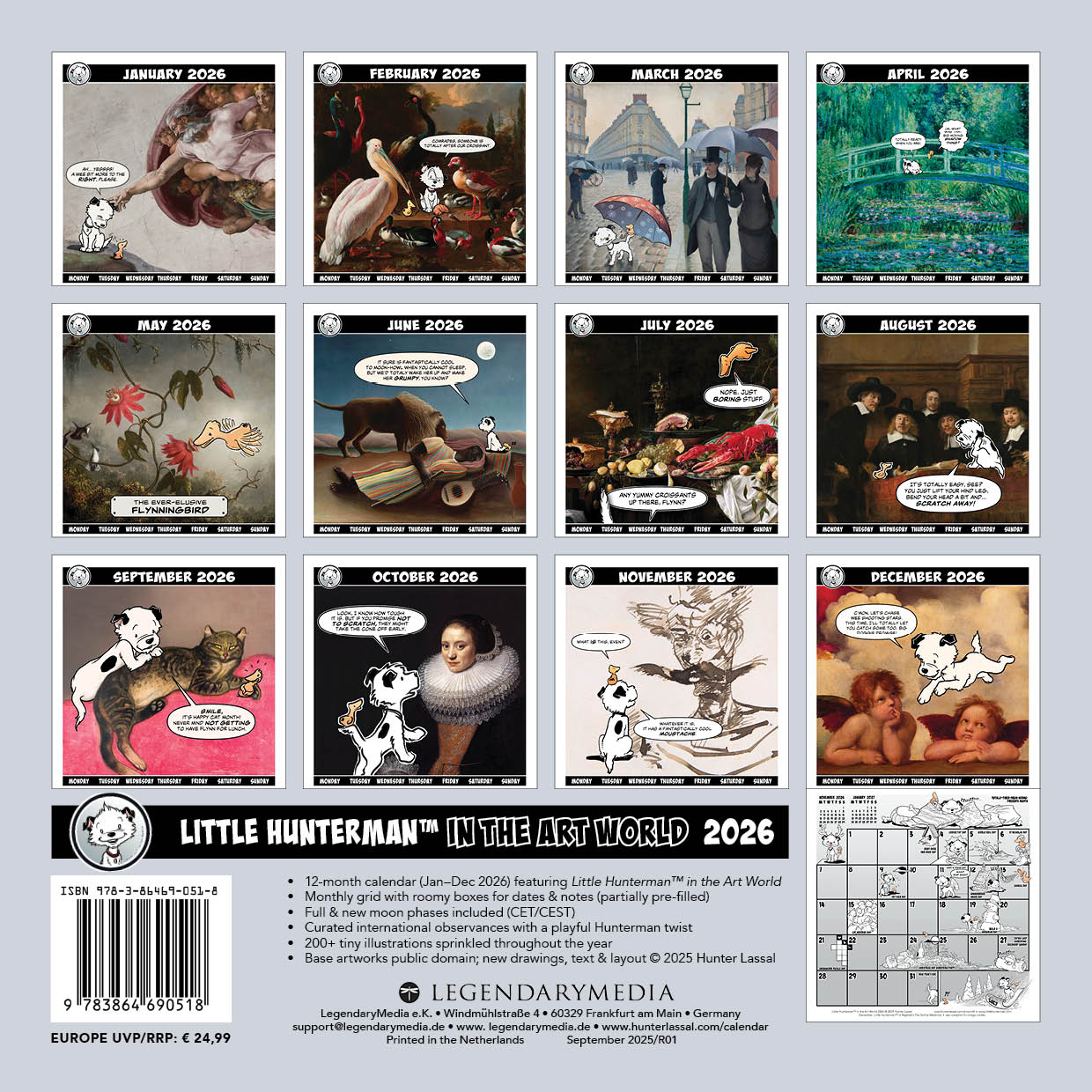 Calendar back cover with thumbnails of monthly featured images of Little Hunterman in the Art World on a light gray background.