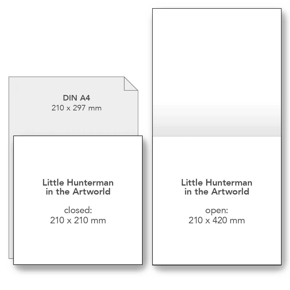 Diagram showing the dimensions of the  'Little Hunterman in the Artworld' calendar with open and closed states.