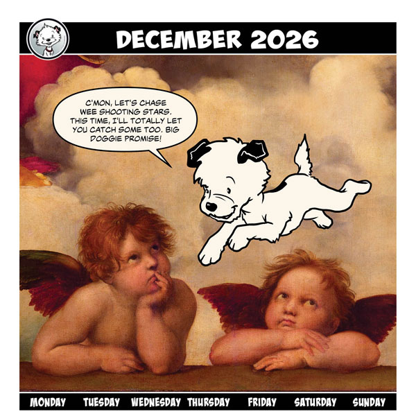 Little Hunterman in the Art World—December Title Image Featuring Raphael, The Sistine Madonna (detail with cherubs)