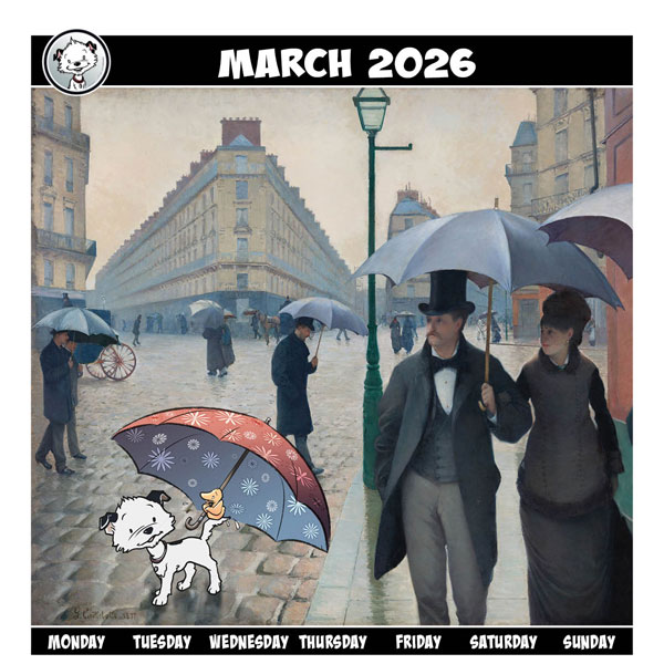 Little Hunterman in the Art World—March Title Image Featuring Gustave Caillebotte, Paris Street; Rainy Day