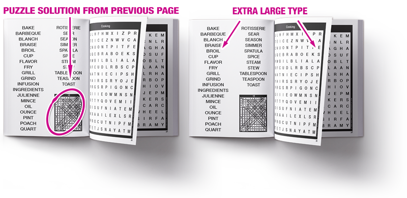 Two open Sam Mark books on white ground showing extra large print word search puzzle and word grid as well as solution of puzzle on previous page.