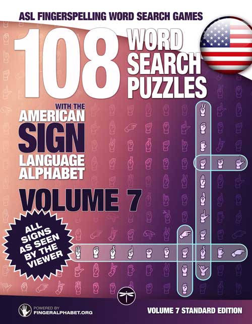 ASL Sign language Alphabet Word Search Books. 108 Word Search Puzzles with the American Sign Language Alphabet, Volume 6. Front cover image.
