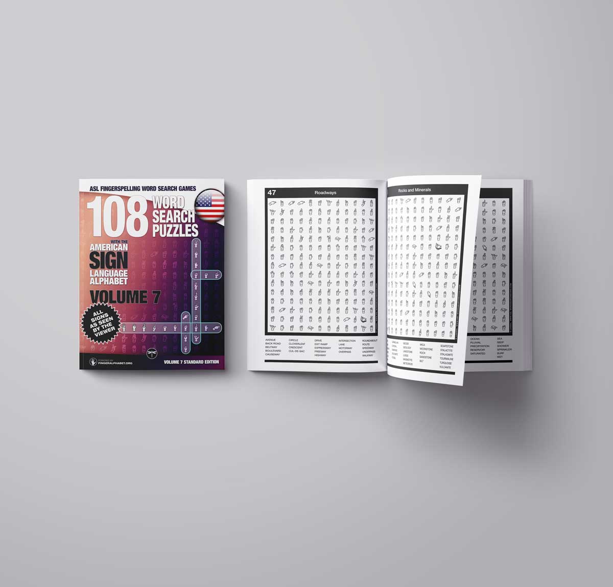 Project FingerAlphabet—ASL Fingerspelling Word Search Games: 108 Word Search Puzzles with the American Sign Language Alphabet, Volume 6: Two books on a table, one closed and one open to a spread of puzzles and word lists.