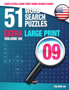 Sam's Extra Large Print Word Search Book, 51 Word Search Puzzles with Extra Large Print, Volume 09. Blue front cover.