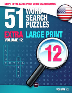 Sam's Extra Large Print Word Search Book, 51 Word Search Puzzles with Extra Large Print, Volume 12. Blue front cover.