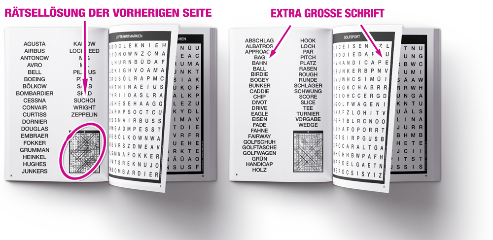 Aufgeschlagenes Wortsuchrätsel-Buch im Großdruck: links die Wortliste, rechts das Buchstabengitter in extra großer Schrift. Markiert sind die Rätsellösung der vorherigen Seite und die große Schrift.